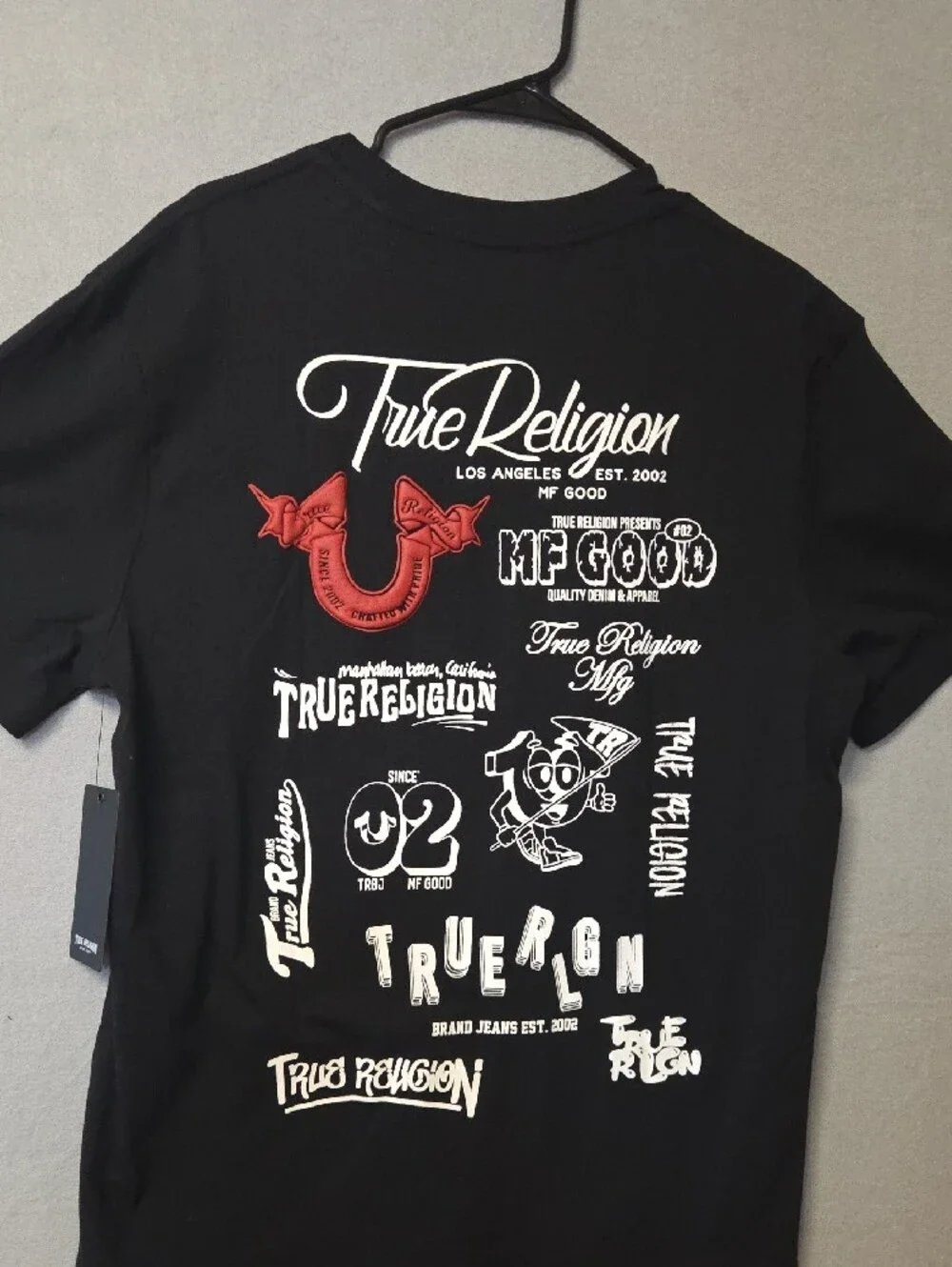 True Religion Black Short-Sleeve Graphic Logo Tee with Red Accent